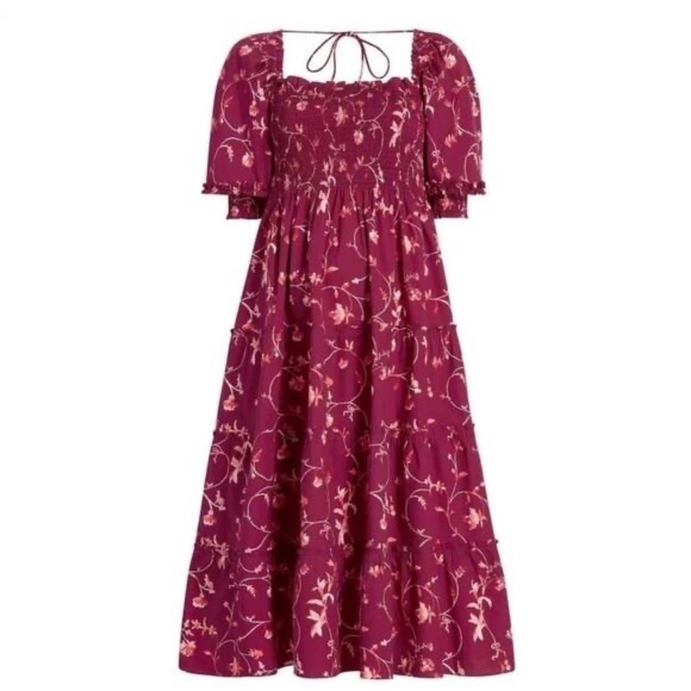 HILL HOUSE Nesli Nap Dress Smocked Burgundy Botanical Poplin Floral Ruffle Small